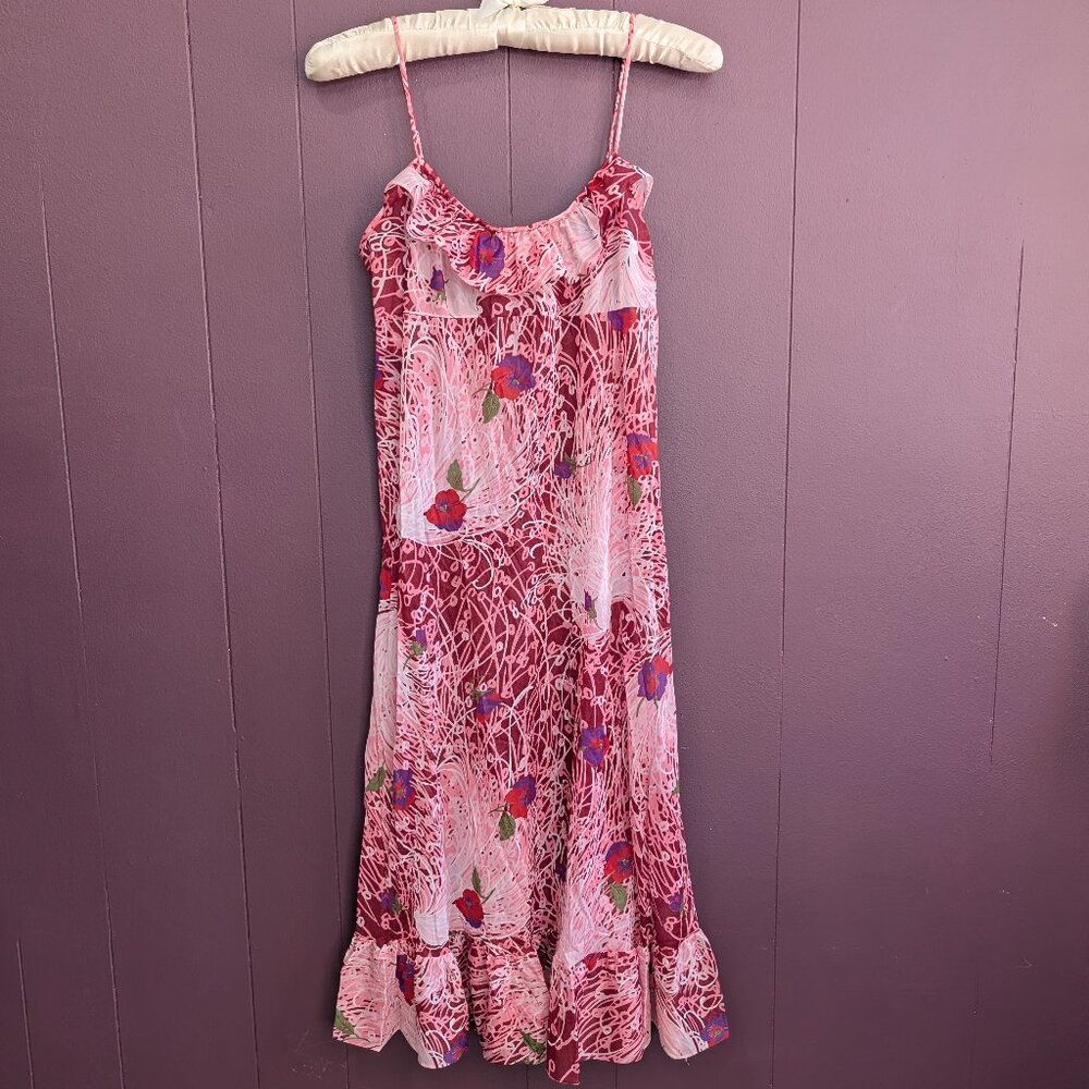 Vintage 70s 80s Vanity Fair Pink Floral Nightgown Slip Midi Dress Lingerie XS